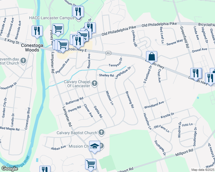 map of restaurants, bars, coffee shops, grocery stores, and more near 139 Whittier Lane in Lancaster