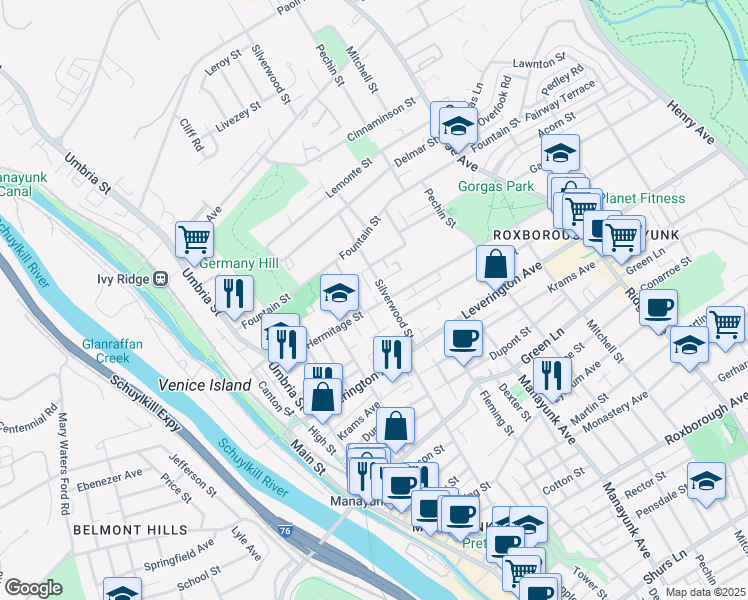 map of restaurants, bars, coffee shops, grocery stores, and more near 278 Hermitage Street in Philadelphia