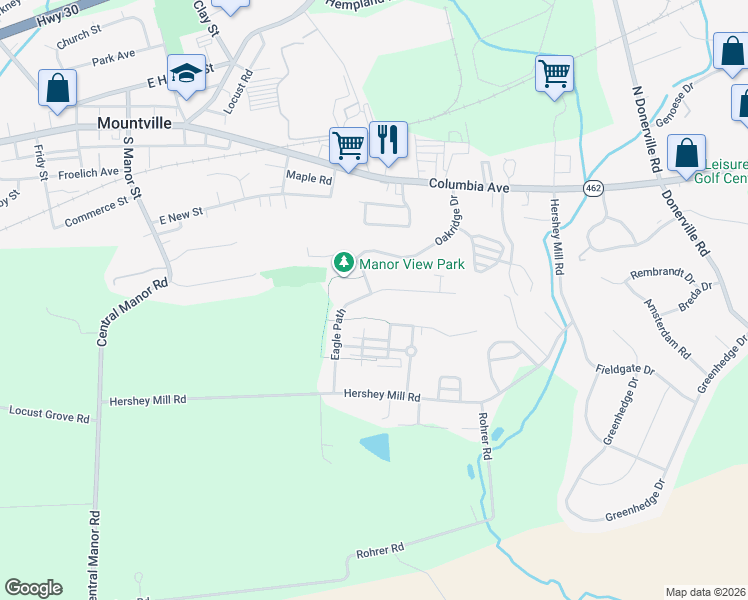 map of restaurants, bars, coffee shops, grocery stores, and more near 201 Eagle Path in Mountville