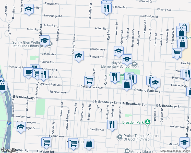 map of restaurants, bars, coffee shops, grocery stores, and more near 3294 Mcguffey Road in Columbus