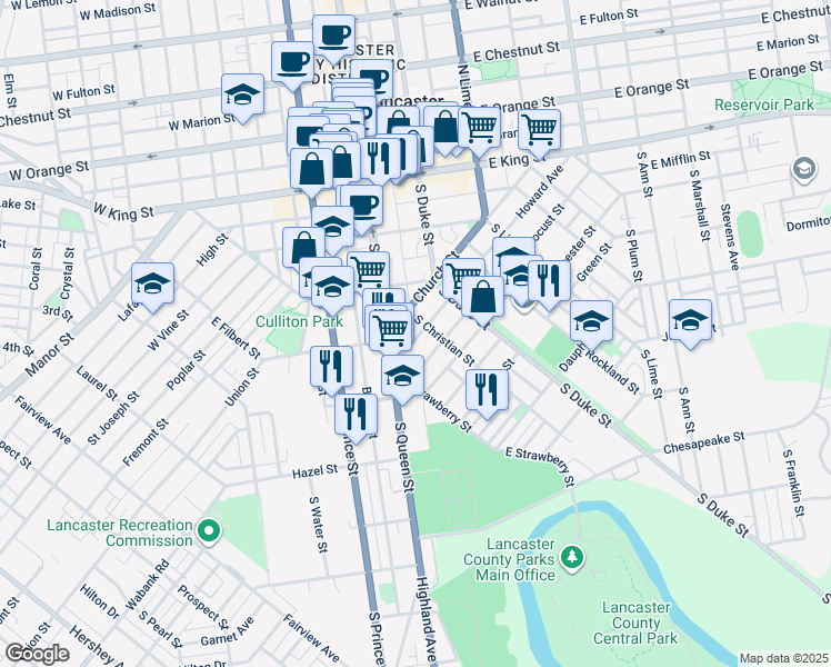 map of restaurants, bars, coffee shops, grocery stores, and more near 514 Howard Avenue in Lancaster