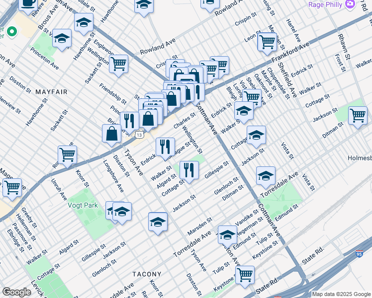 map of restaurants, bars, coffee shops, grocery stores, and more near 7144 Montague Street in Philadelphia