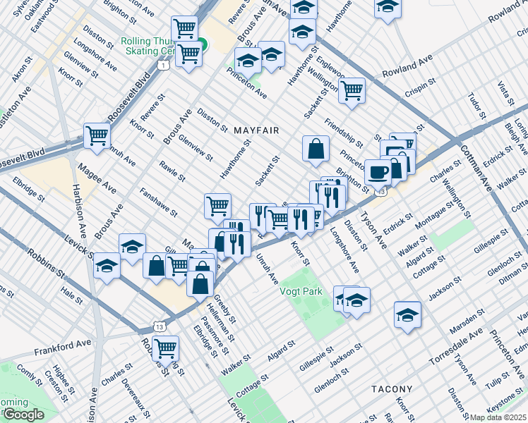 map of restaurants, bars, coffee shops, grocery stores, and more near 3239 Knorr Street in Philadelphia