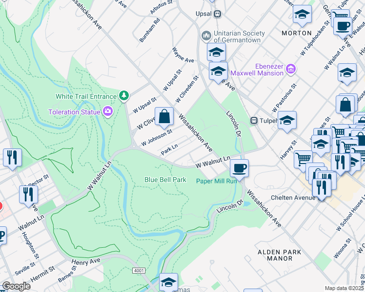 map of restaurants, bars, coffee shops, grocery stores, and more near 633 Park Lane in Philadelphia