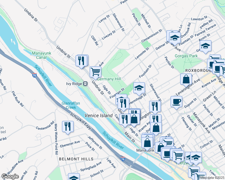 map of restaurants, bars, coffee shops, grocery stores, and more near 4828 Smick Street in Philadelphia