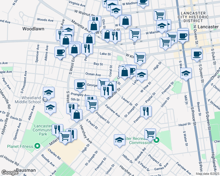 map of restaurants, bars, coffee shops, grocery stores, and more near 323 Coral Street in Lancaster