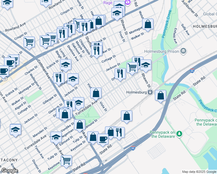 map of restaurants, bars, coffee shops, grocery stores, and more near 4615 Marple Street in Philadelphia