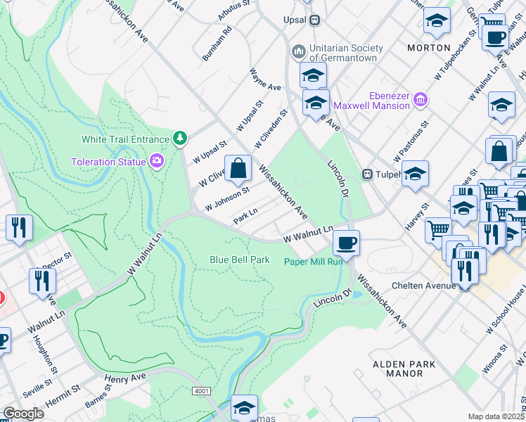map of restaurants, bars, coffee shops, grocery stores, and more near 633 Park Lane in Philadelphia