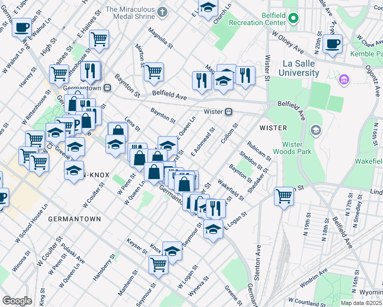map of restaurants, bars, coffee shops, grocery stores, and more near 213 East Ashmead Street in Philadelphia