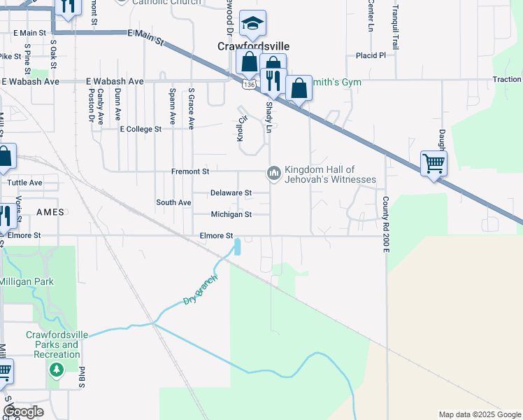 map of restaurants, bars, coffee shops, grocery stores, and more near 1912 Michigan Street in Crawfordsville