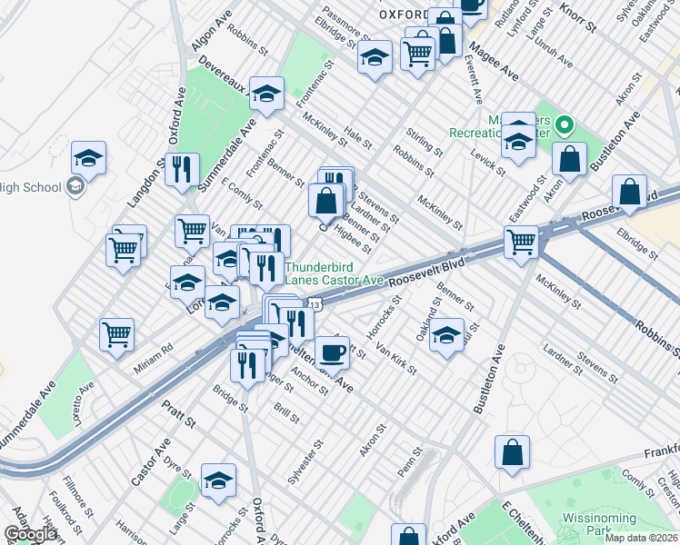 map of restaurants, bars, coffee shops, grocery stores, and more near 1438 East Comly Street in Philadelphia