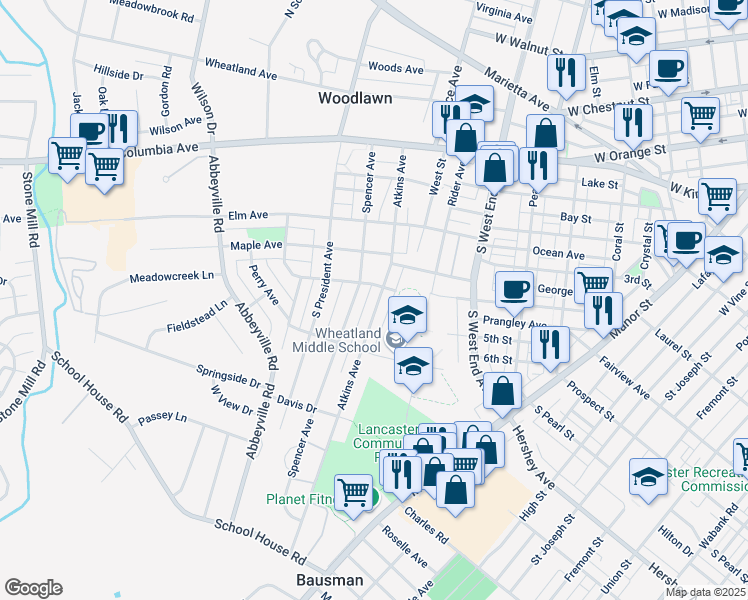 map of restaurants, bars, coffee shops, grocery stores, and more near 324 Atkins Avenue in Lancaster