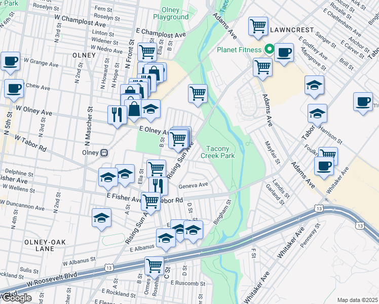 map of restaurants, bars, coffee shops, grocery stores, and more near 5519 Rising Sun Avenue in Philadelphia
