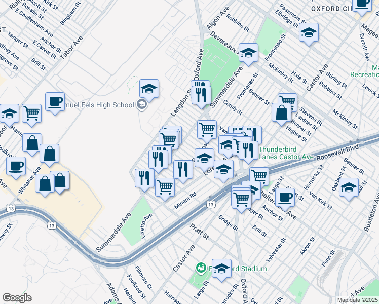 map of restaurants, bars, coffee shops, grocery stores, and more near 931 Carver Street in Philadelphia
