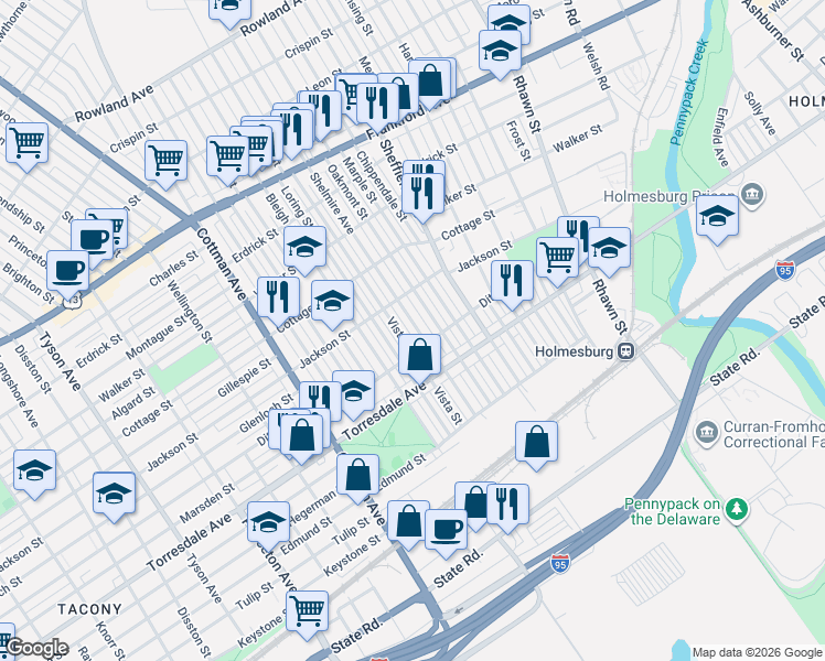 map of restaurants, bars, coffee shops, grocery stores, and more near 4553 Shelmire Avenue in Philadelphia