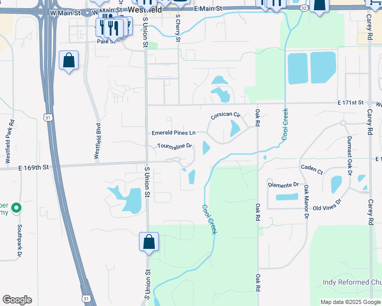 map of restaurants, bars, coffee shops, grocery stores, and more near 2017 Tourmaline Drive in Westfield