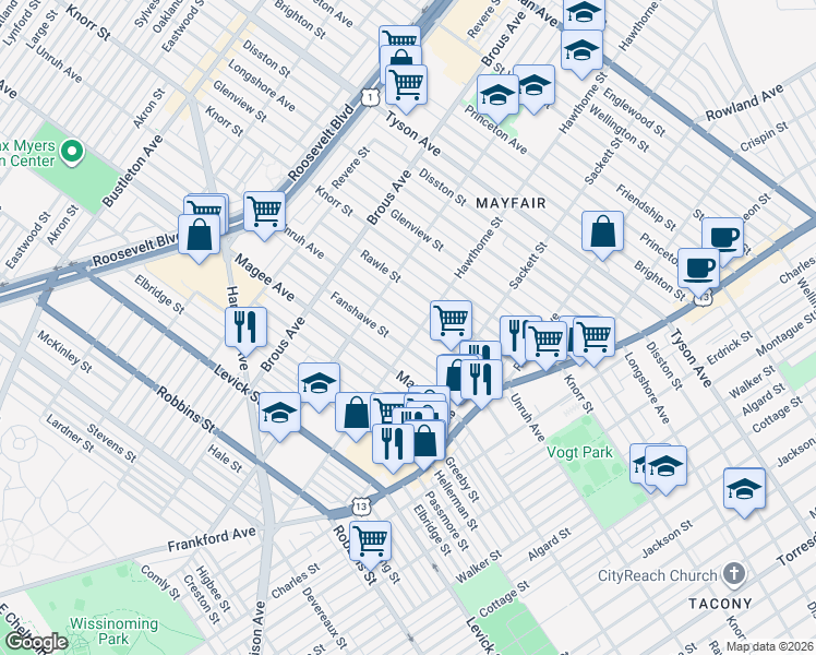 map of restaurants, bars, coffee shops, grocery stores, and more near 3052 Unruh Avenue in Philadelphia