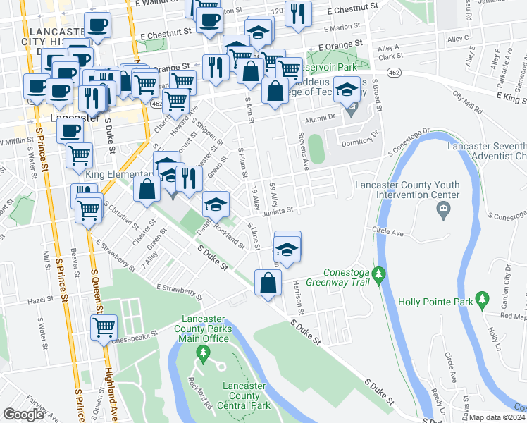 map of restaurants, bars, coffee shops, grocery stores, and more near 364 South Ann Street in Lancaster