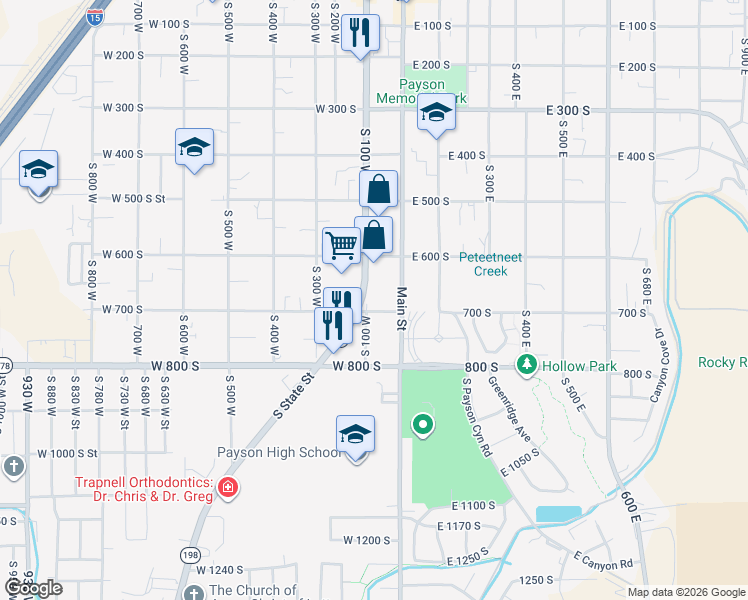 map of restaurants, bars, coffee shops, grocery stores, and more near 88 700 South in Payson