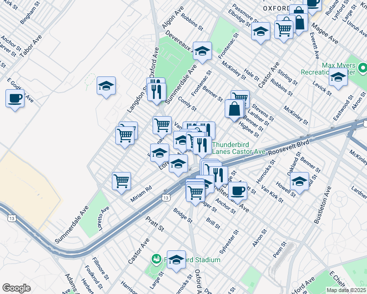 map of restaurants, bars, coffee shops, grocery stores, and more near 1267 Alcott Street in Philadelphia