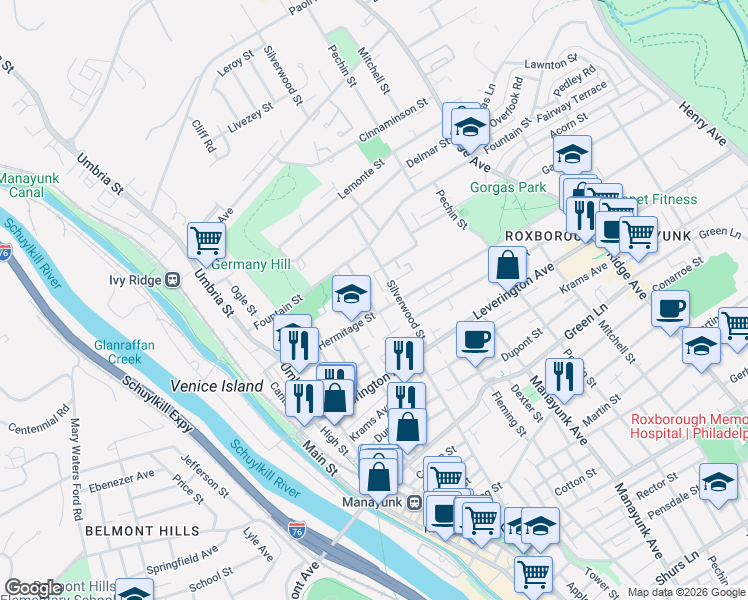 map of restaurants, bars, coffee shops, grocery stores, and more near 278 Hermitage Street in Philadelphia