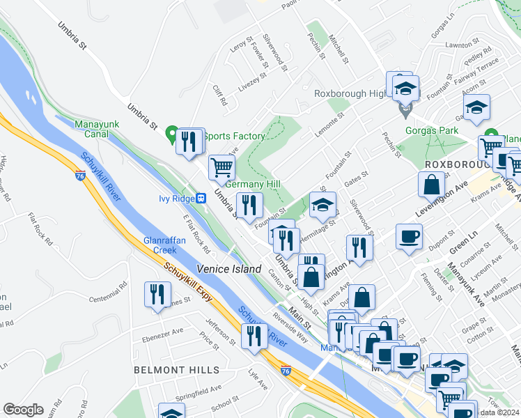 map of restaurants, bars, coffee shops, grocery stores, and more near 4830 Smick Street in Philadelphia