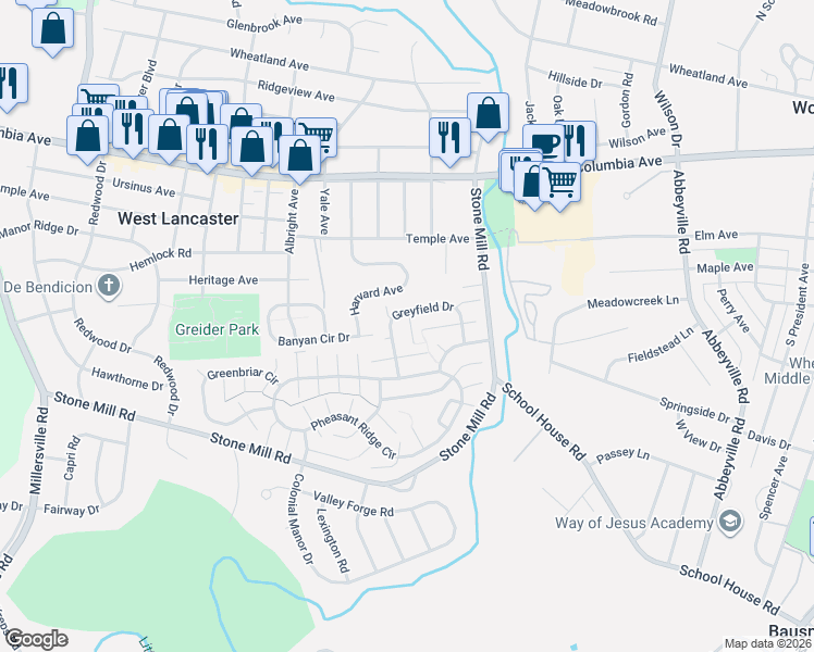 map of restaurants, bars, coffee shops, grocery stores, and more near 223 Greyfield Drive in Lancaster