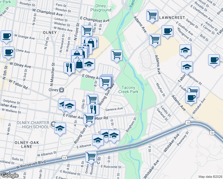 map of restaurants, bars, coffee shops, grocery stores, and more near 5519 Rising Sun Avenue in Philadelphia