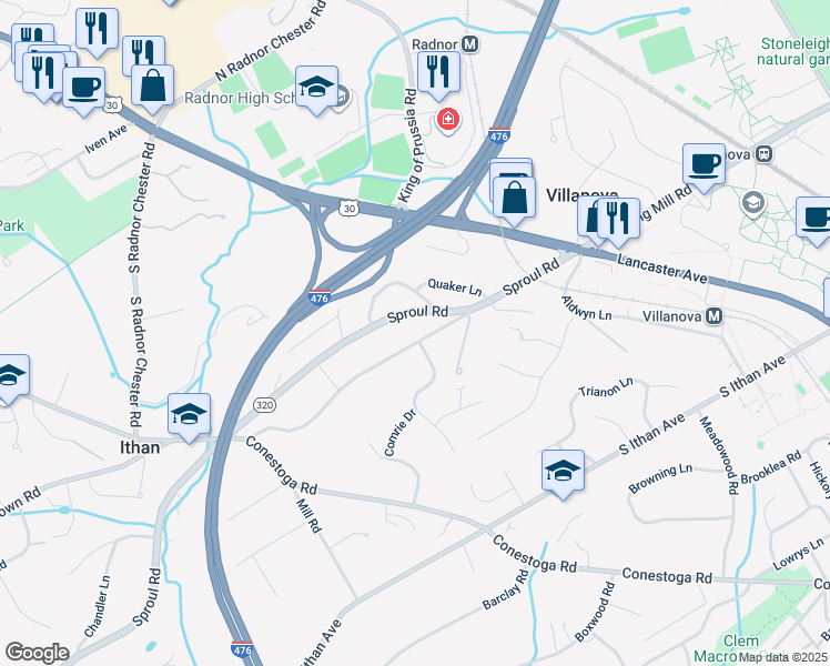 map of restaurants, bars, coffee shops, grocery stores, and more near 120 South Spring Mill Road in Villanova