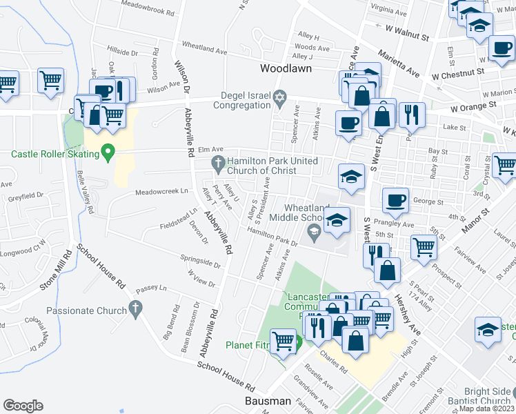 map of restaurants, bars, coffee shops, grocery stores, and more near 320 South President Avenue in Lancaster