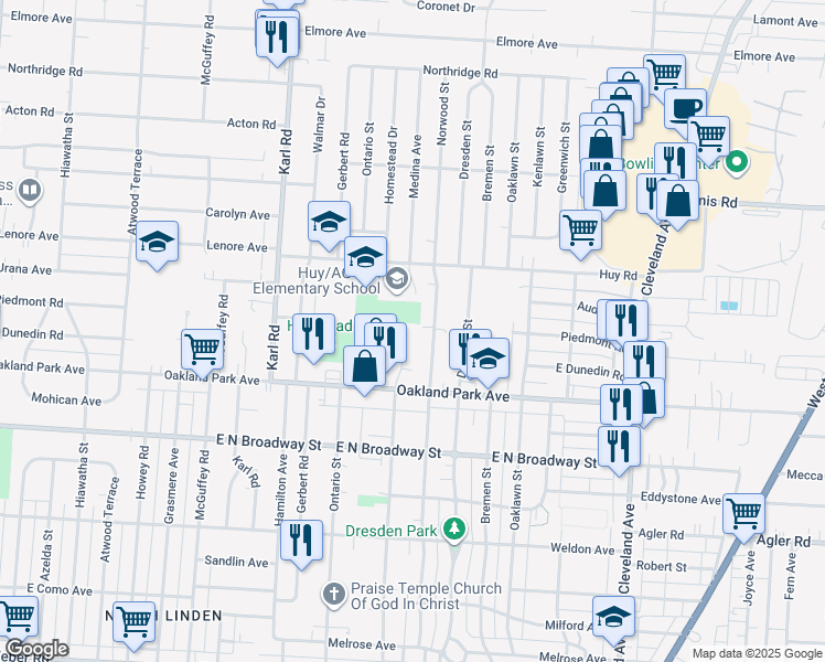 map of restaurants, bars, coffee shops, grocery stores, and more near 3272 Medina Avenue in Columbus