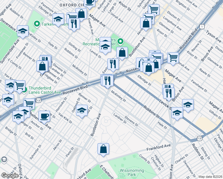 map of restaurants, bars, coffee shops, grocery stores, and more near 6220 Bustleton Avenue in Philadelphia