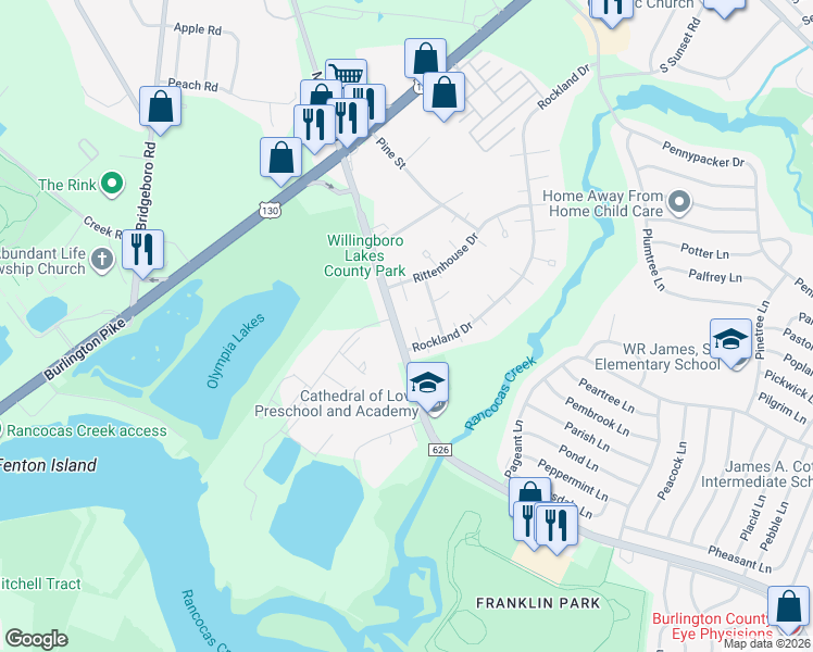 map of restaurants, bars, coffee shops, grocery stores, and more near 10 Radcliff Place in Willingboro
