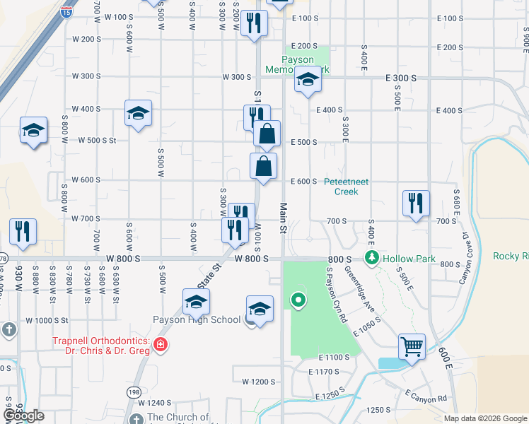 map of restaurants, bars, coffee shops, grocery stores, and more near 88 700 South in Payson