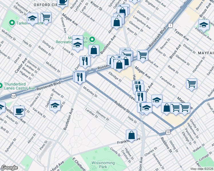 map of restaurants, bars, coffee shops, grocery stores, and more near 6345 Calvert Street in Philadelphia