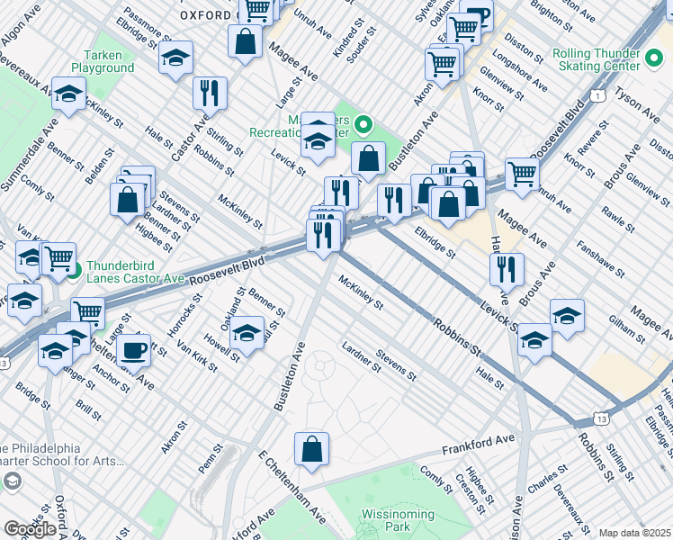 map of restaurants, bars, coffee shops, grocery stores, and more near 6220 Bustleton Avenue in Philadelphia