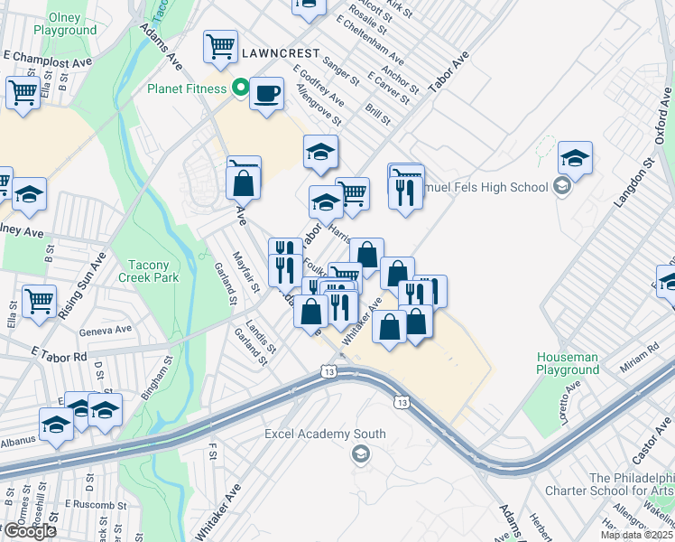 map of restaurants, bars, coffee shops, grocery stores, and more near 5421R Howland Street in Philadelphia