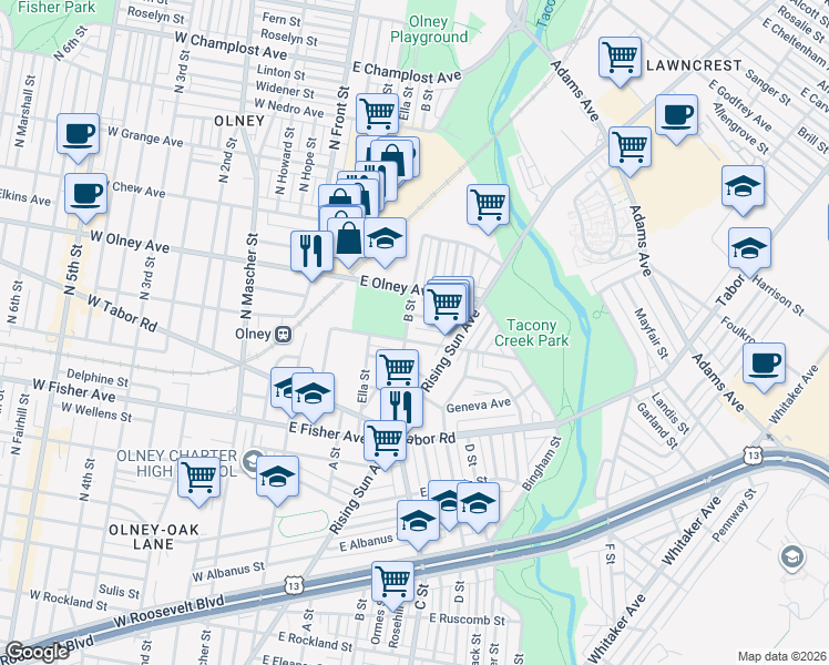 map of restaurants, bars, coffee shops, grocery stores, and more near 327 East Clarkson Avenue in Philadelphia