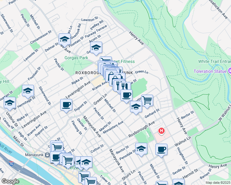map of restaurants, bars, coffee shops, grocery stores, and more near 475 Green Lane in Philadelphia