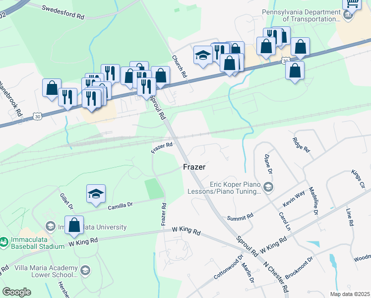 map of restaurants, bars, coffee shops, grocery stores, and more near 3 Judith Lynn Way in Malvern