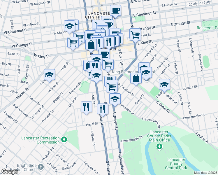 map of restaurants, bars, coffee shops, grocery stores, and more near 244 Pennsylvania 72 in Lancaster