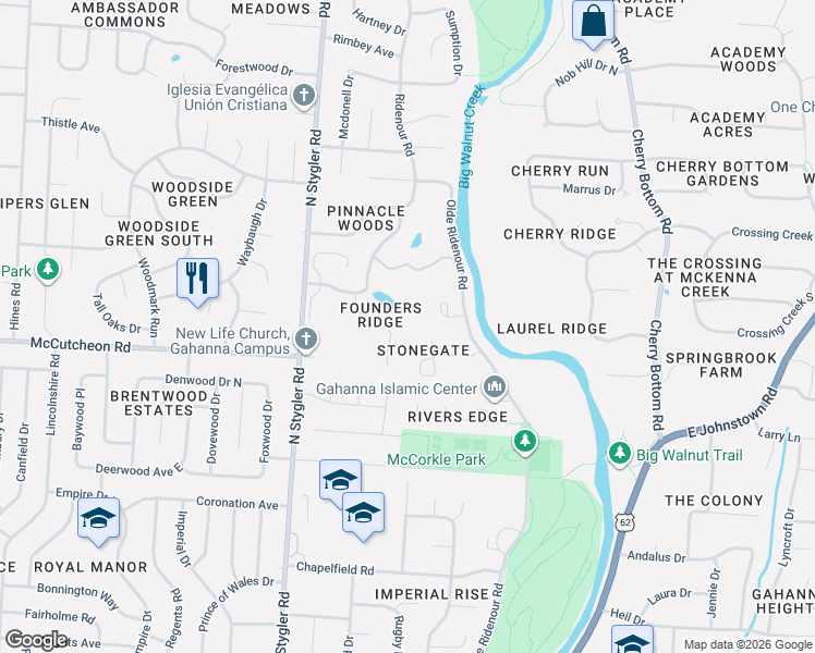 map of restaurants, bars, coffee shops, grocery stores, and more near 388 Lily Pond Court in Columbus