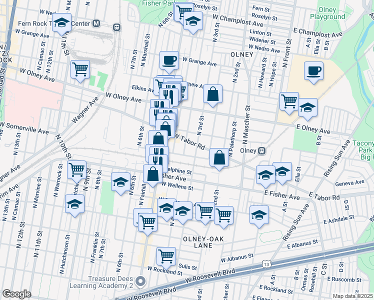 map of restaurants, bars, coffee shops, grocery stores, and more near 5411 North 4th Street in Philadelphia