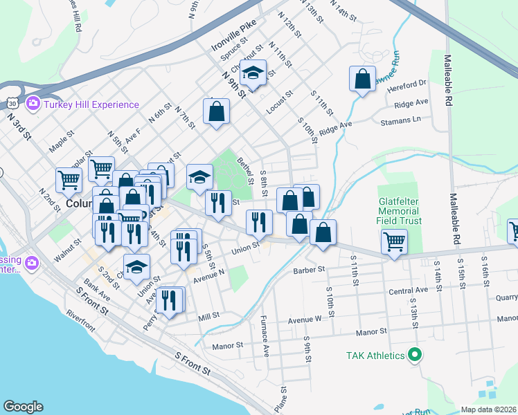 map of restaurants, bars, coffee shops, grocery stores, and more near 208 S 8th St in Columbia