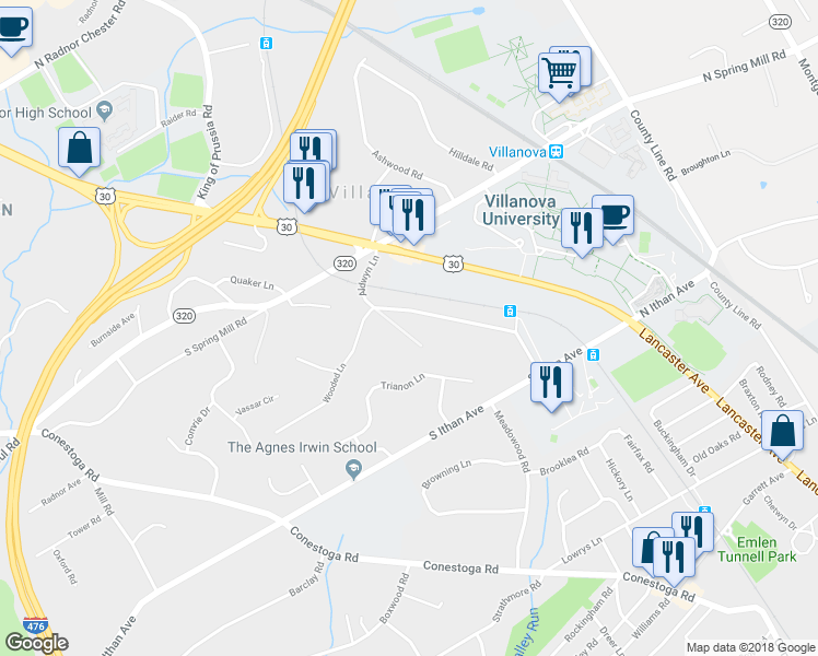 map of restaurants, bars, coffee shops, grocery stores, and more near 19 Villanova Road in Villanova
