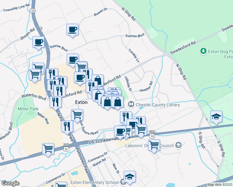 map of restaurants, bars, coffee shops, grocery stores, and more near 678 Exton Cmns in Exton