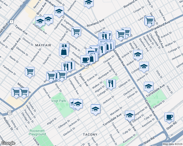 map of restaurants, bars, coffee shops, grocery stores, and more near 7037 Charles Street in Philadelphia
