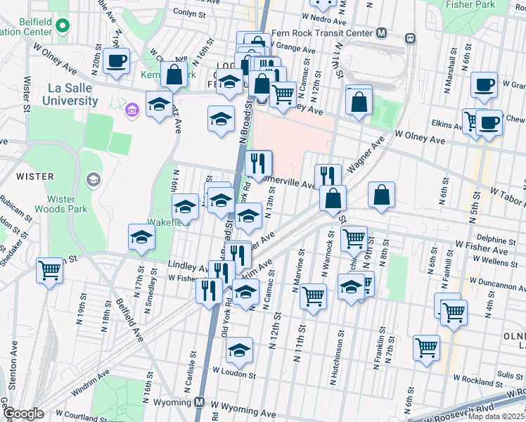 map of restaurants, bars, coffee shops, grocery stores, and more near 5250 North 13th Street in Philadelphia