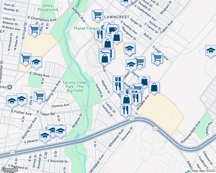 map of restaurants, bars, coffee shops, grocery stores, and more near 663 Mayfair Street in Philadelphia
