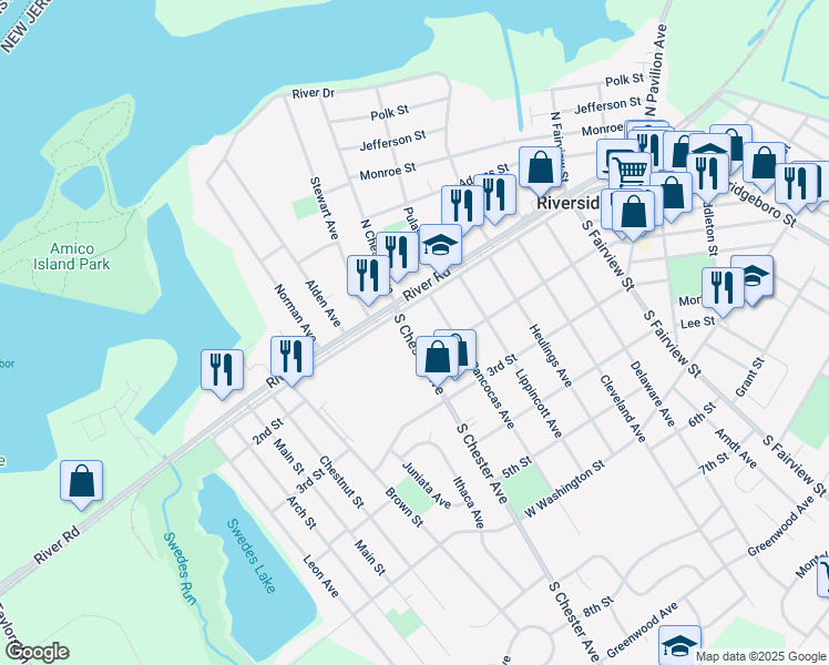 map of restaurants, bars, coffee shops, grocery stores, and more near 117 South Chester Avenue in Riverside
